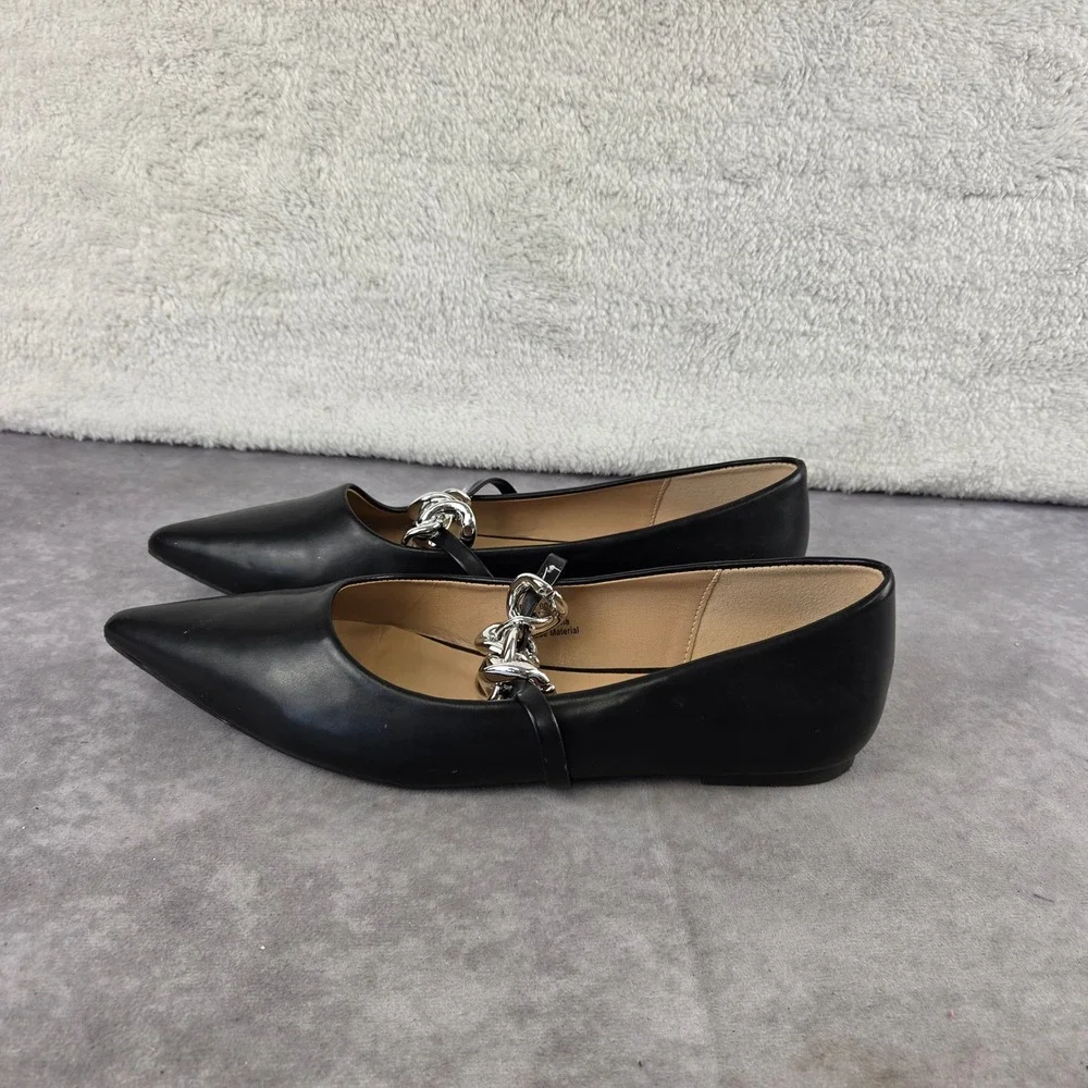 Journee Collection Black Pointed Toe Flats Silver Chain Link Detail Size 11